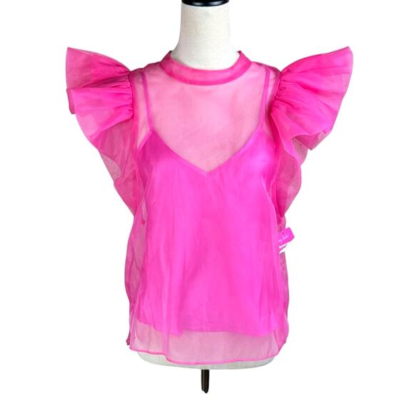 Buddy Love NWT Kaycee Hot Pink Organza Ruffle Flare Sleeve Sheer Party Top - Picture 3 of 12
